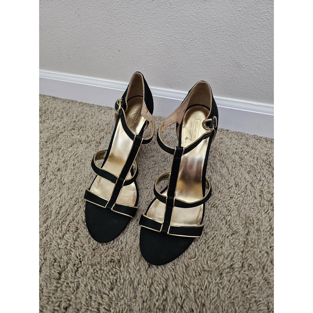 COACH Trixy Black Gold Trim Strappy T-Strap Wedge Heel Sandals Size 11B *READ*